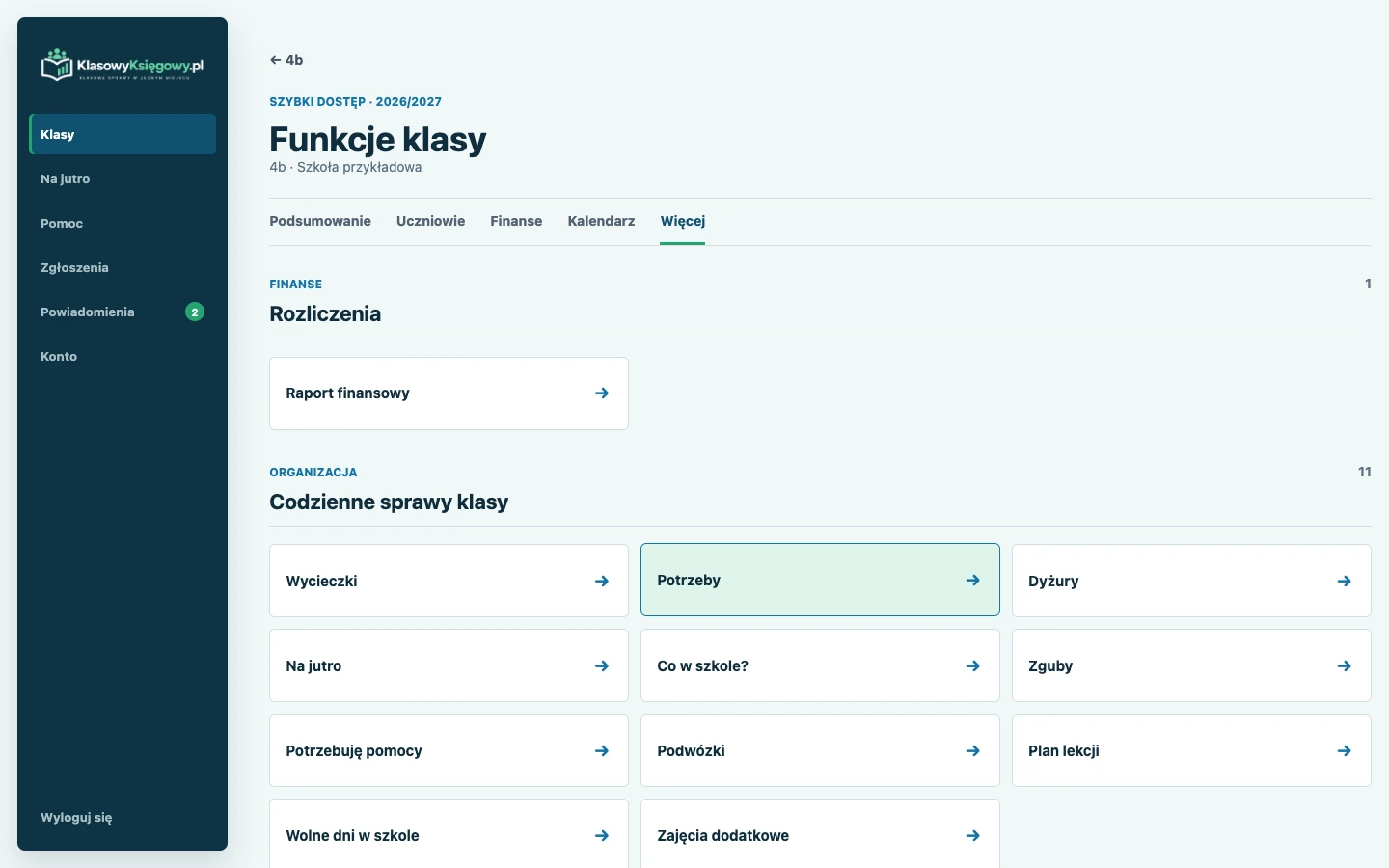 Aktualny panel funkcji klasy w KlasowymKsięgowym