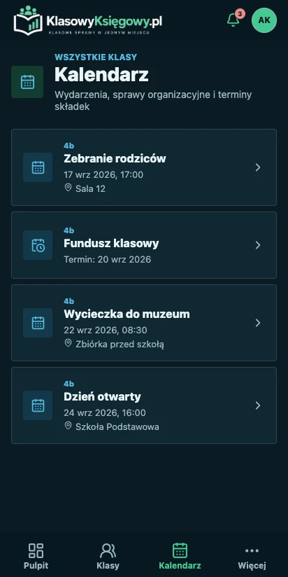 Kalendarz klasy w aplikacji mobilnej