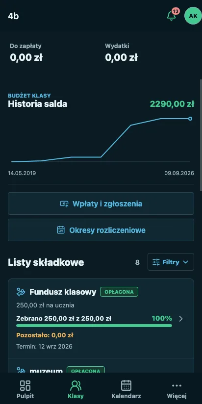 Finanse klasy, budżet i postęp składek w aplikacji mobilnej