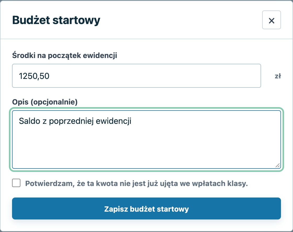 Formularz budżetu startowego z kwotą 1250,50 zł i opisem Saldo z poprzedniej ewidencji